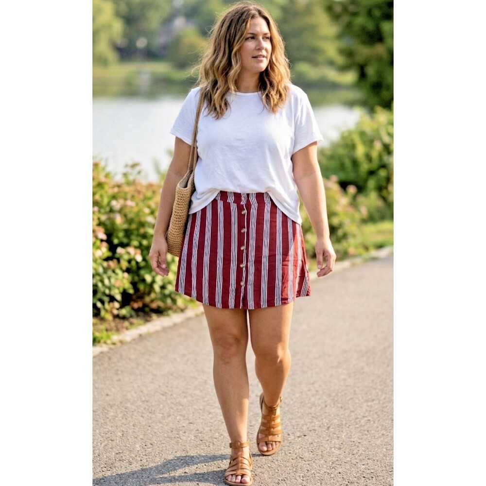 Rue Women's Red Clay Button Front Skirt With Black Vertical Stripes Size 2X